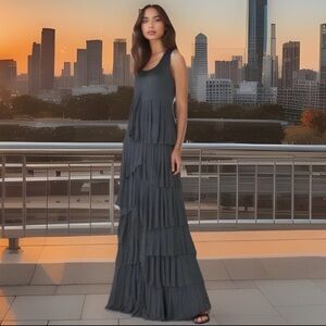 Vivienne Tam Ruffled Tiered Maxi Dress Womens XS Gray Stretch Boho Holiday Party